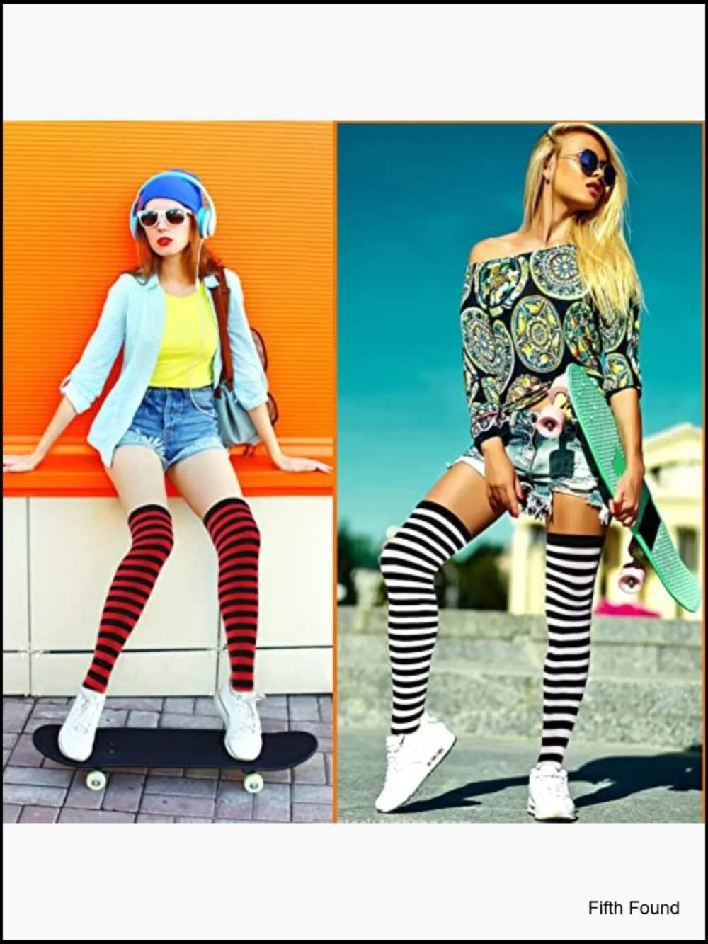 Knee High Socks & Fingerless Gloves Set 4 Pairs Striped Arm Warmers
